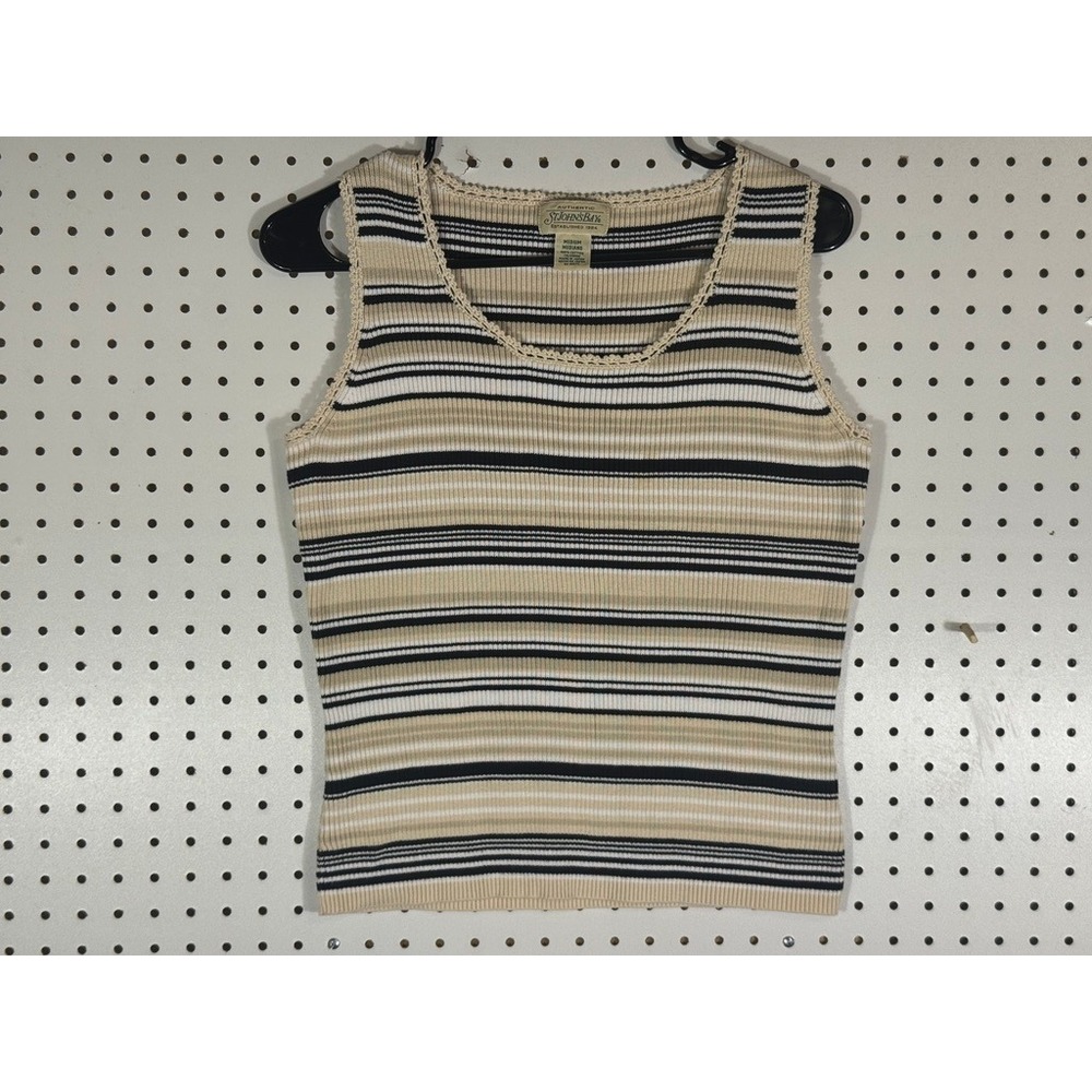 Vintage Y2K St Johns Bay Womens Ribbed Knit Striped Tank Top Beige Black Medium